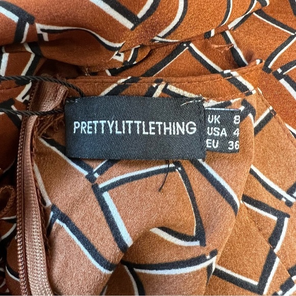 NWT Brown Geo Print Frill Detail Skater Dress - Picture 7 of 8